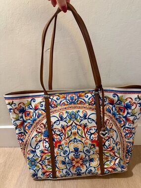 Brighton Multicolor Floral Tile Tote with Brown Straps